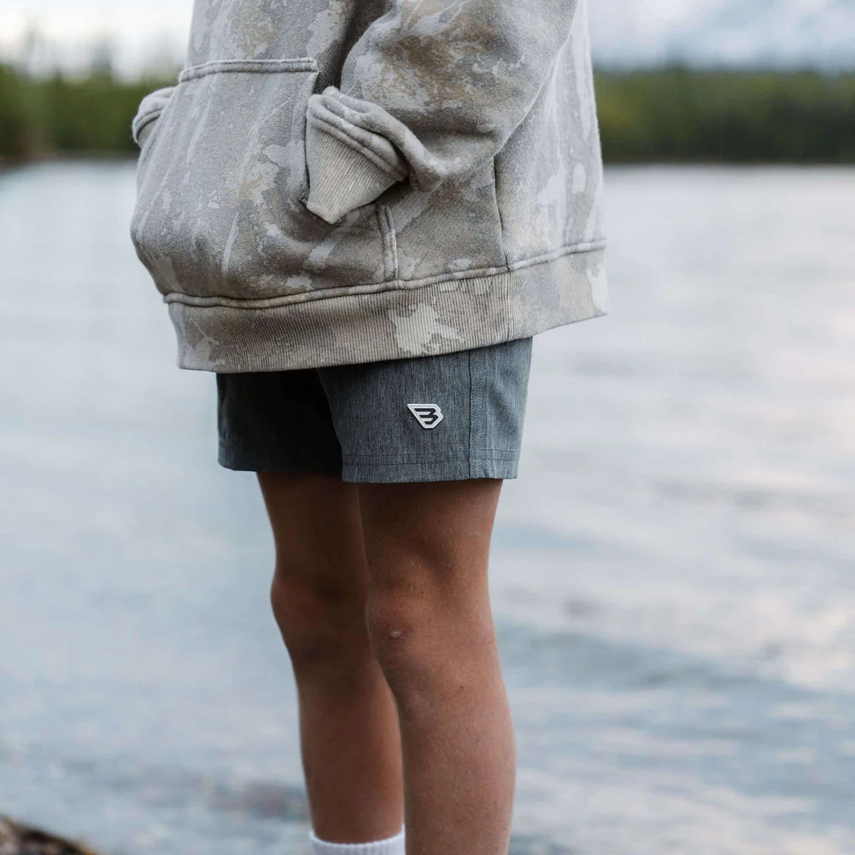 Grizzly Grey Youth Burlebo Athletic Shorts with Classic Deer Camo waistband and pocket