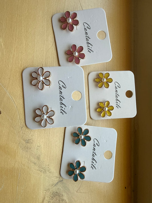 Bright Enamel Flower Earrings with Small Pearl Center Cantabile