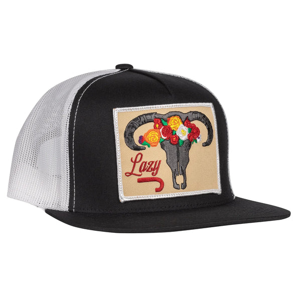 Lazy J Ranch Dark Skull & Flowers Classic Five Panel Trucker Hat