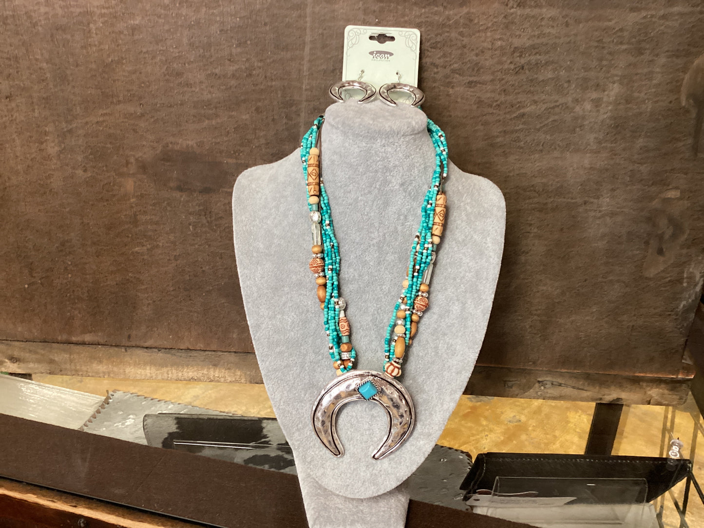 Turquoise seed bead, wooden beads with silver Squash