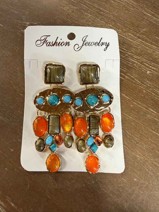 Turquoise and Orange Gold Tone Dangle Earrings