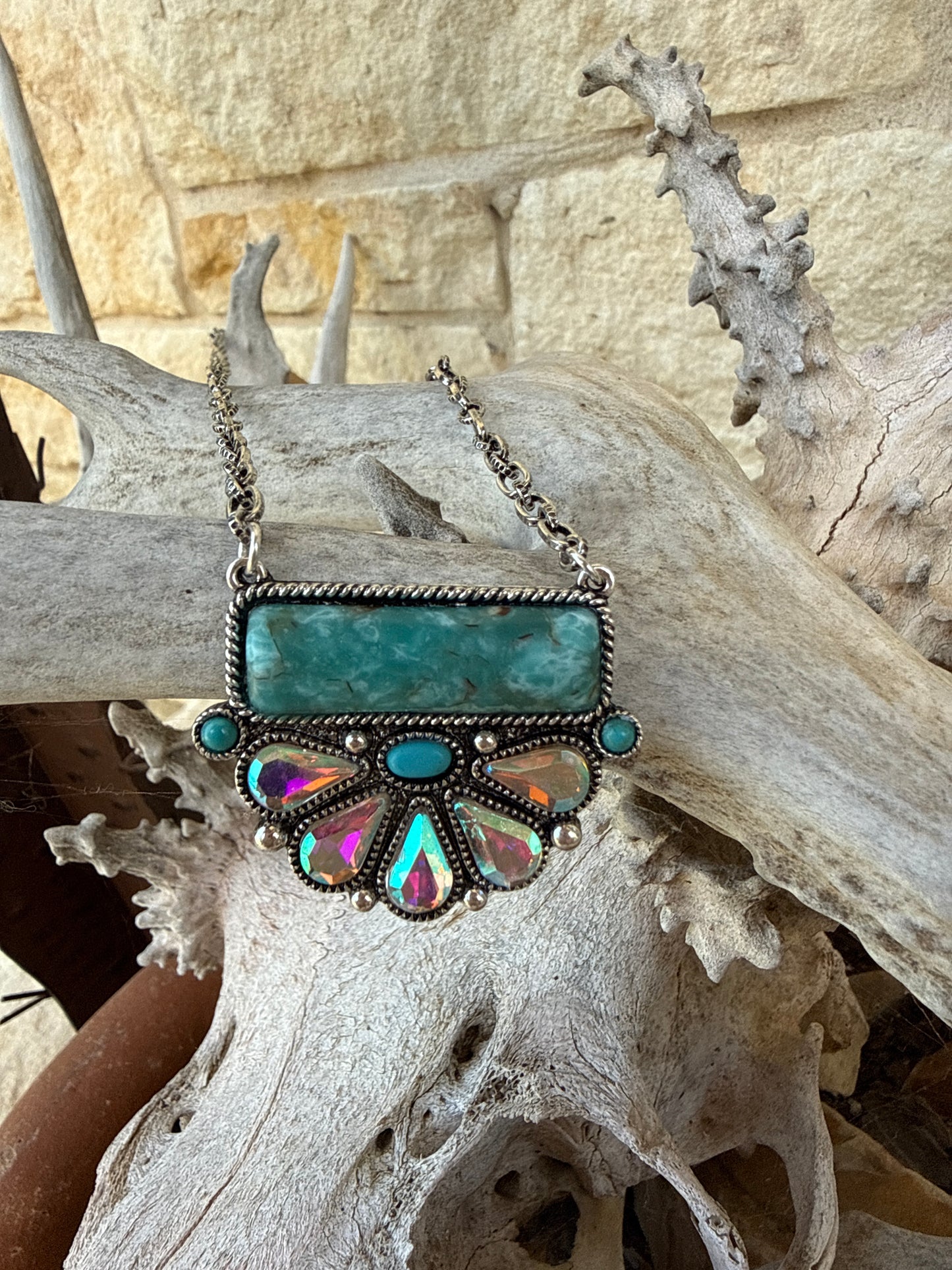 Turquoise Bar with Crystaled Half Flower Icon Necklace