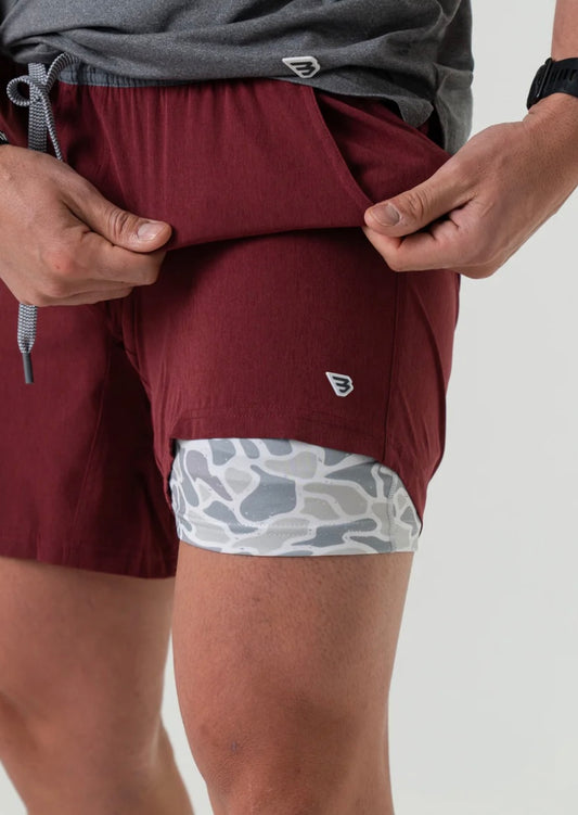 Maroon Athletic Shorts with White Camo Pocket and Lining Burlebo