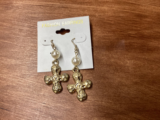 Gold dangle cross earrings with pearl