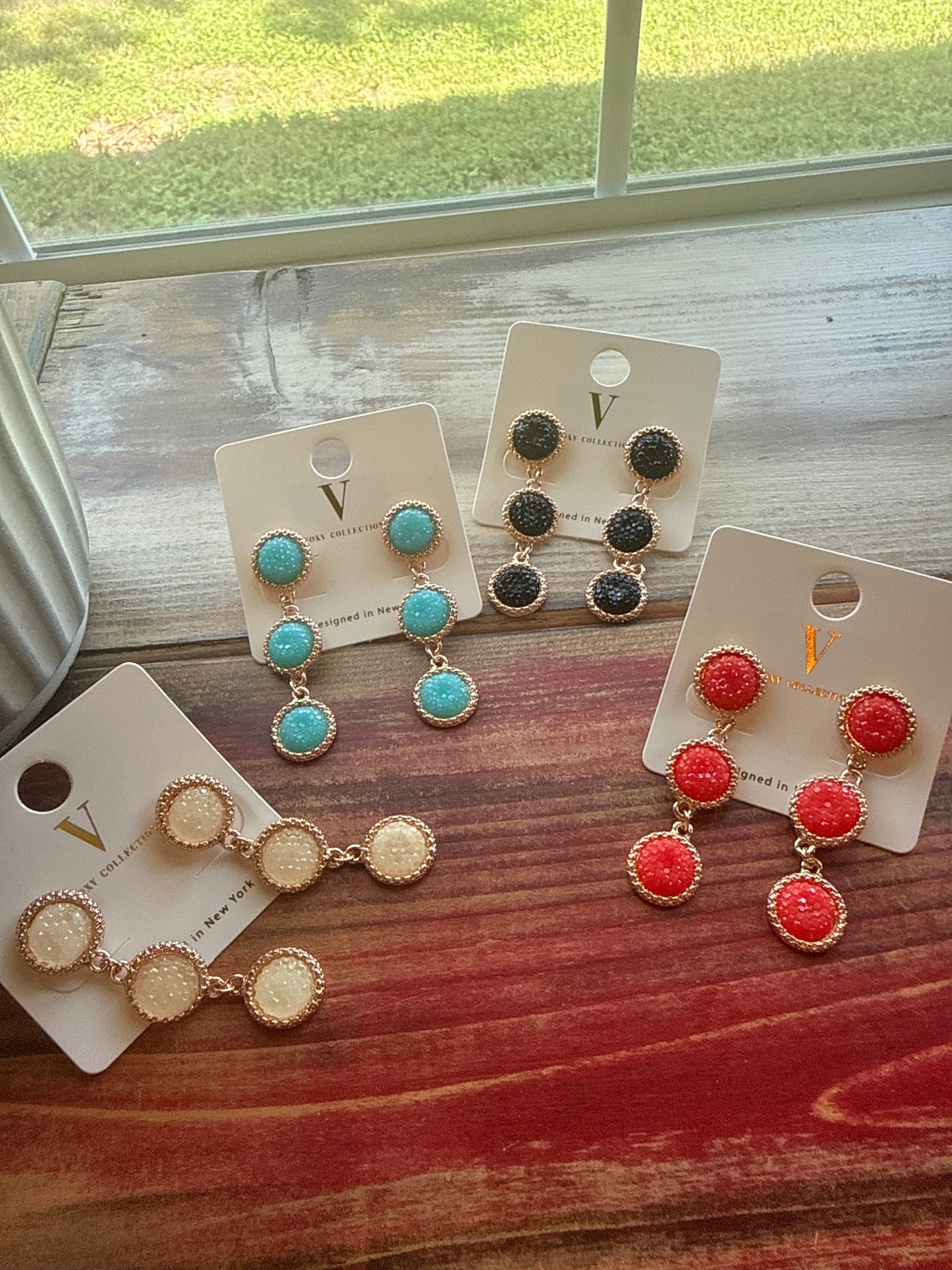 Triple Circle Druzy Drop V Foxy Earrings