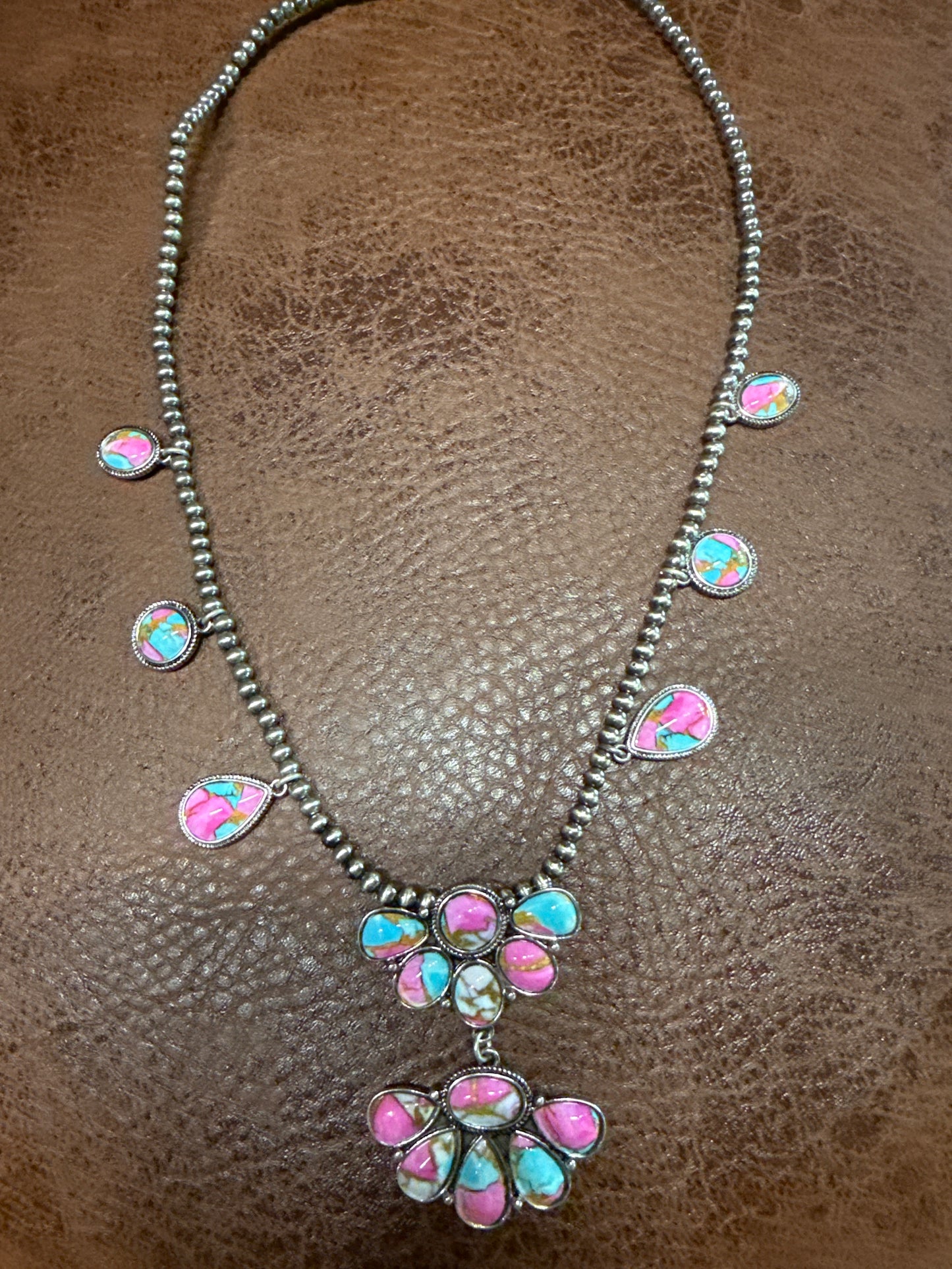 Pink and Turquoise chandelier Style Icon Necklace with Faux Navajo Pearls