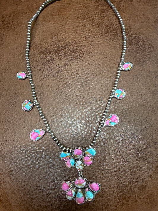 Pink and Turquoise chandelier Style Icon Necklace with Faux Navajo Pearls