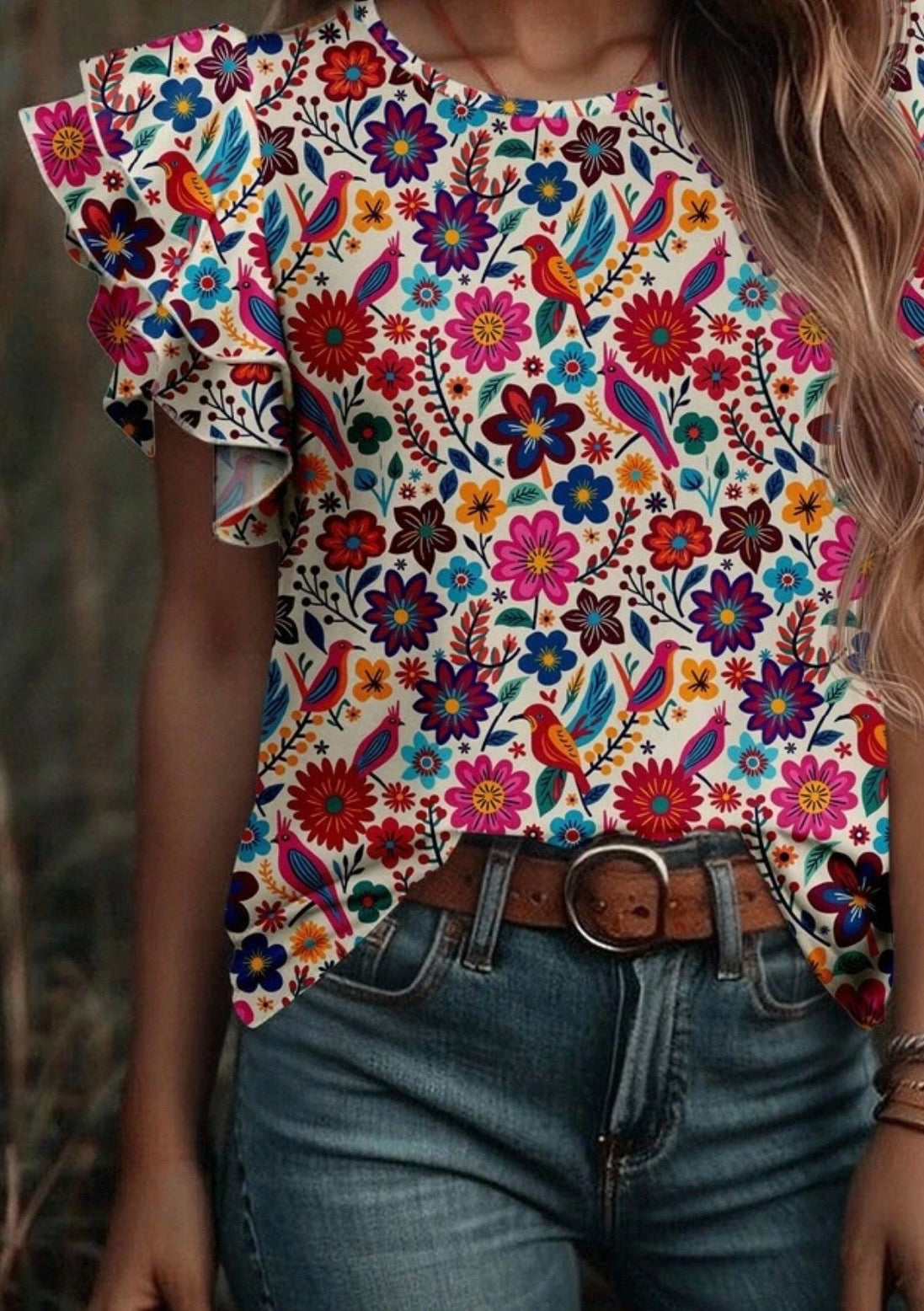 Floral Top Ruffle Sleeve Bouse