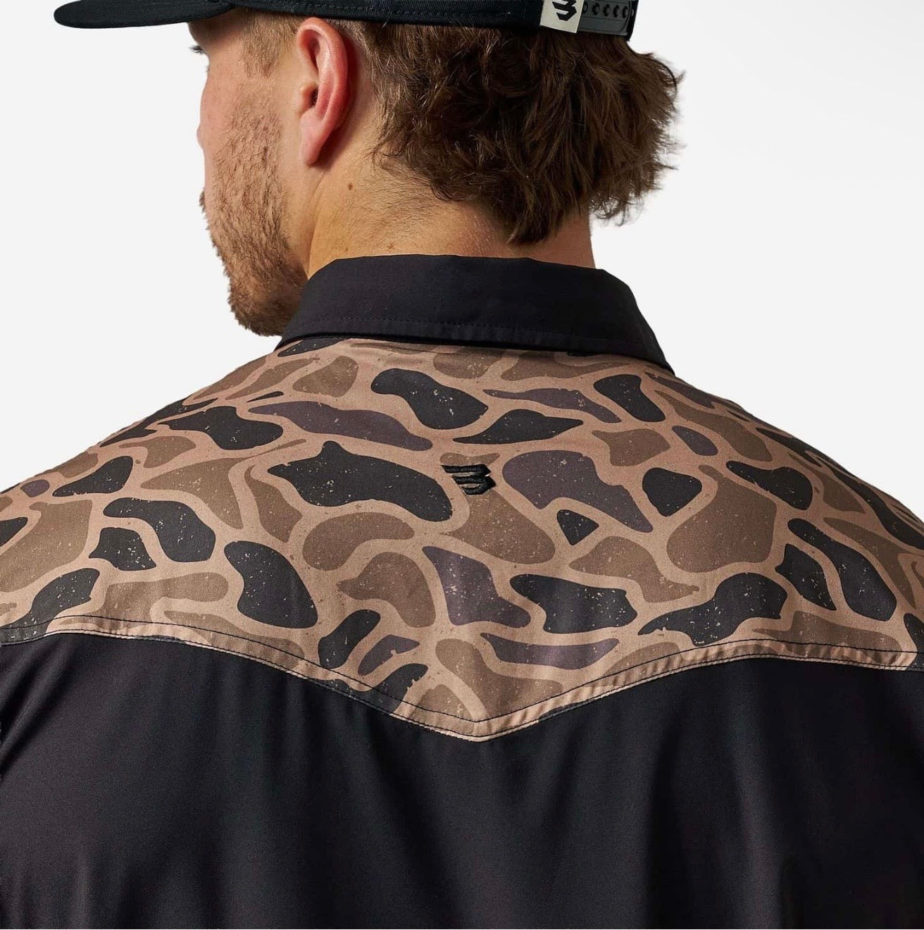 Deer SZN Burlebo Black/Gauge Camo Performance Western Shirt with Pearl Snaps Tx/Fl PWS-DRSZN