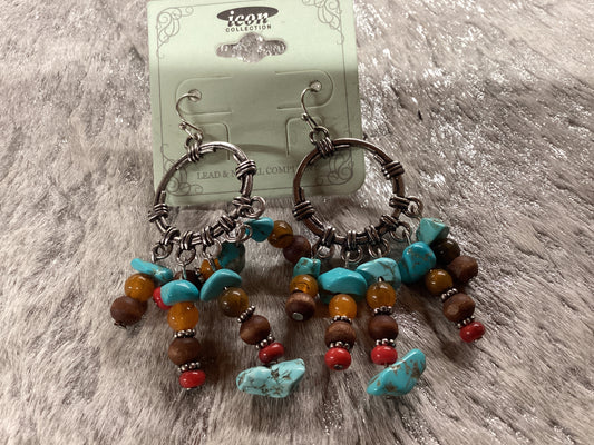 Silver loop earrings w/turquoise,brown bead dangle