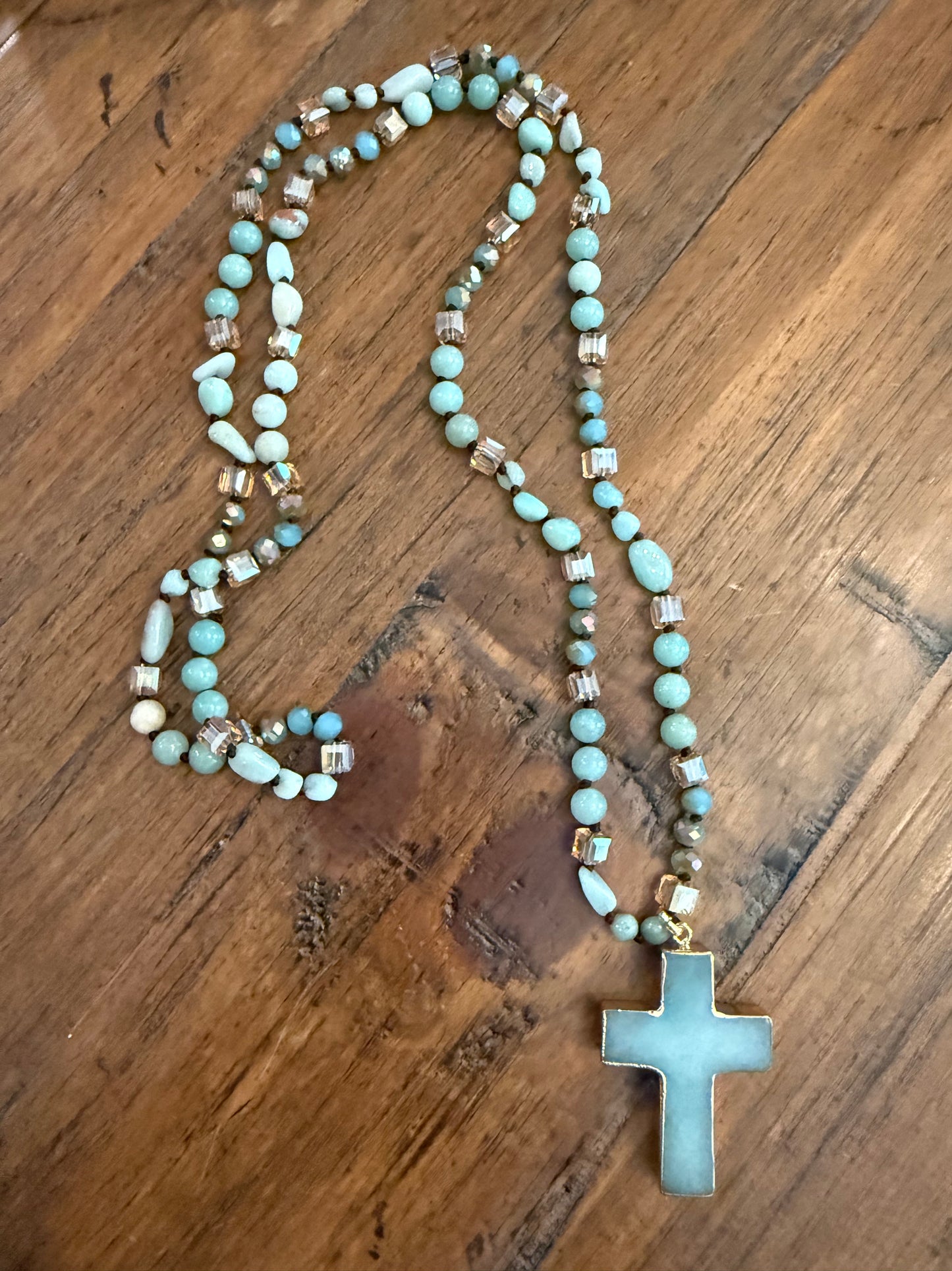 Natural Stone knotted Necklace. Cross or Oval