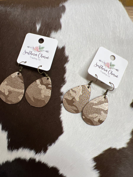 Mini Chocolate Camo Shimmer Teardrops -Earrings: 1.5" Doohickie