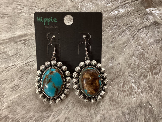 Silver Concho oval turquoise earrings