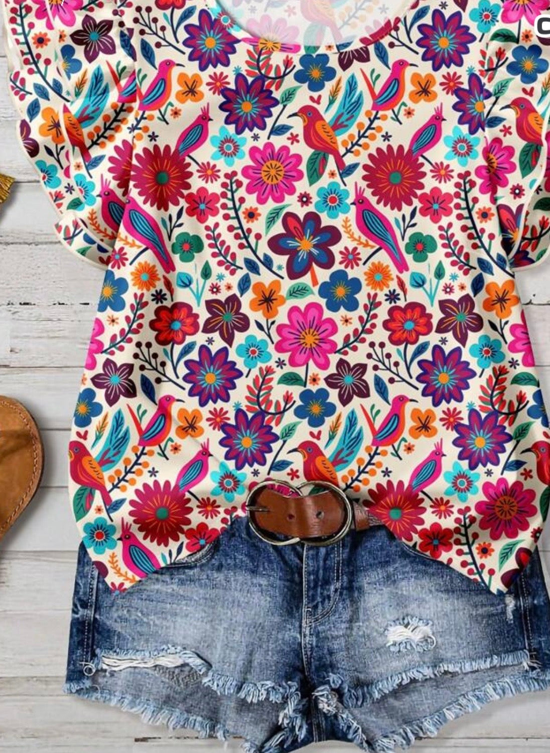 Floral Top Ruffle Sleeve Bouse