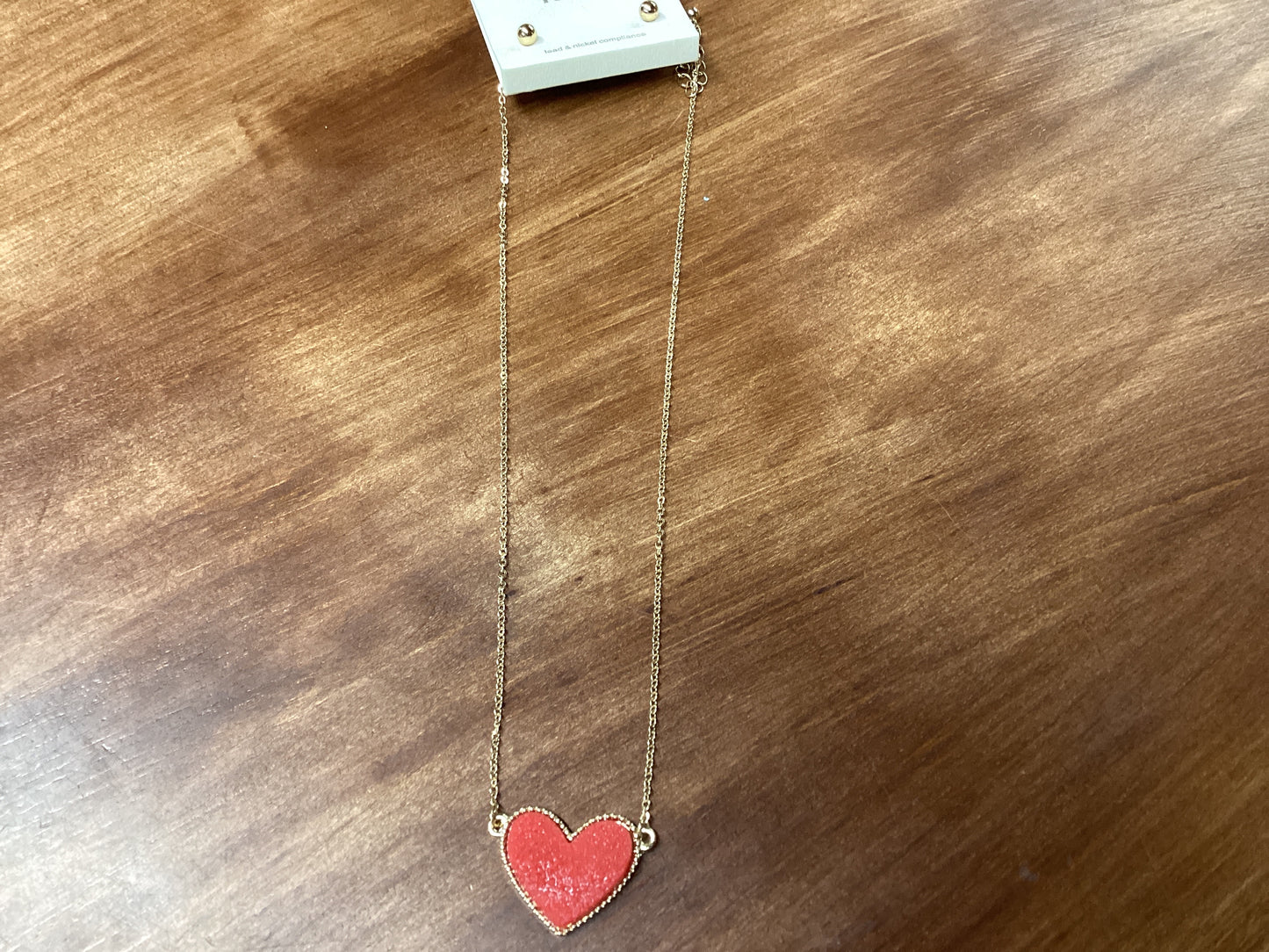 Red druzy heart necklace w/gold chain