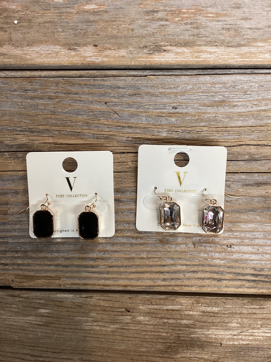 V foxy collection rectangular gold trim earrings