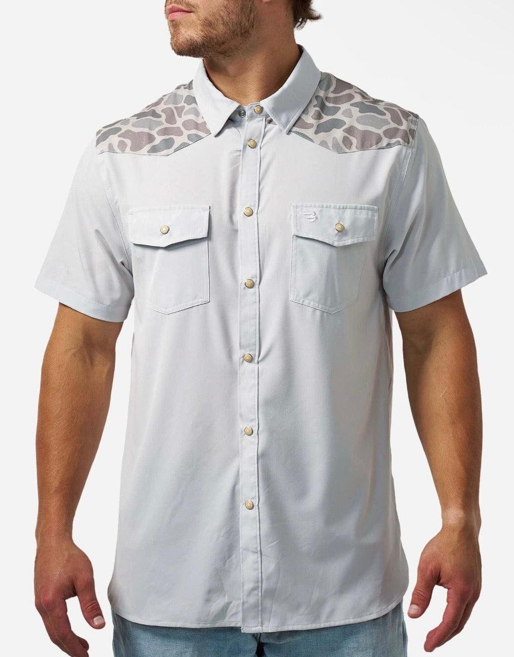Bird SZN Burlebo Light Grey/ Classic Deer Camo Performance Western Shirt with Pear Snaps Tx/Fl PWS-BRDSZN
