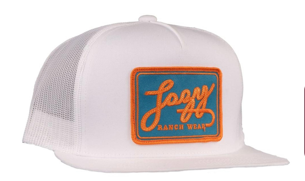 LAZY J RANCH WHITE TEAL BREAKAWAY PATCH CLASSIC FIVE PANEL TRUCKER HAT