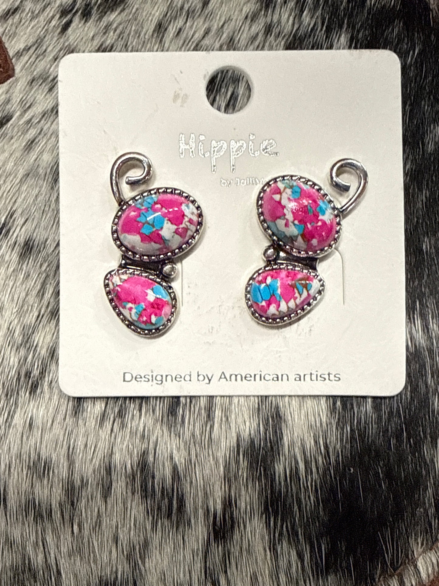 Double stone, hippie pink and turquoise stud earrings