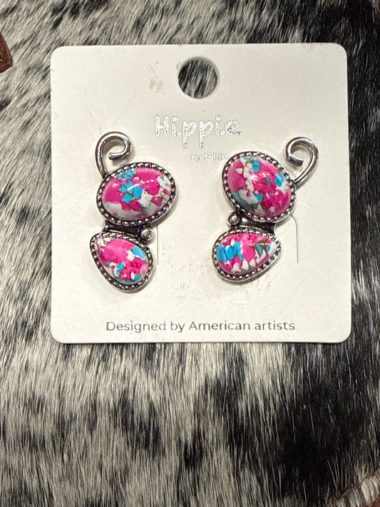Double stone, hippie pink and turquoise stud earrings