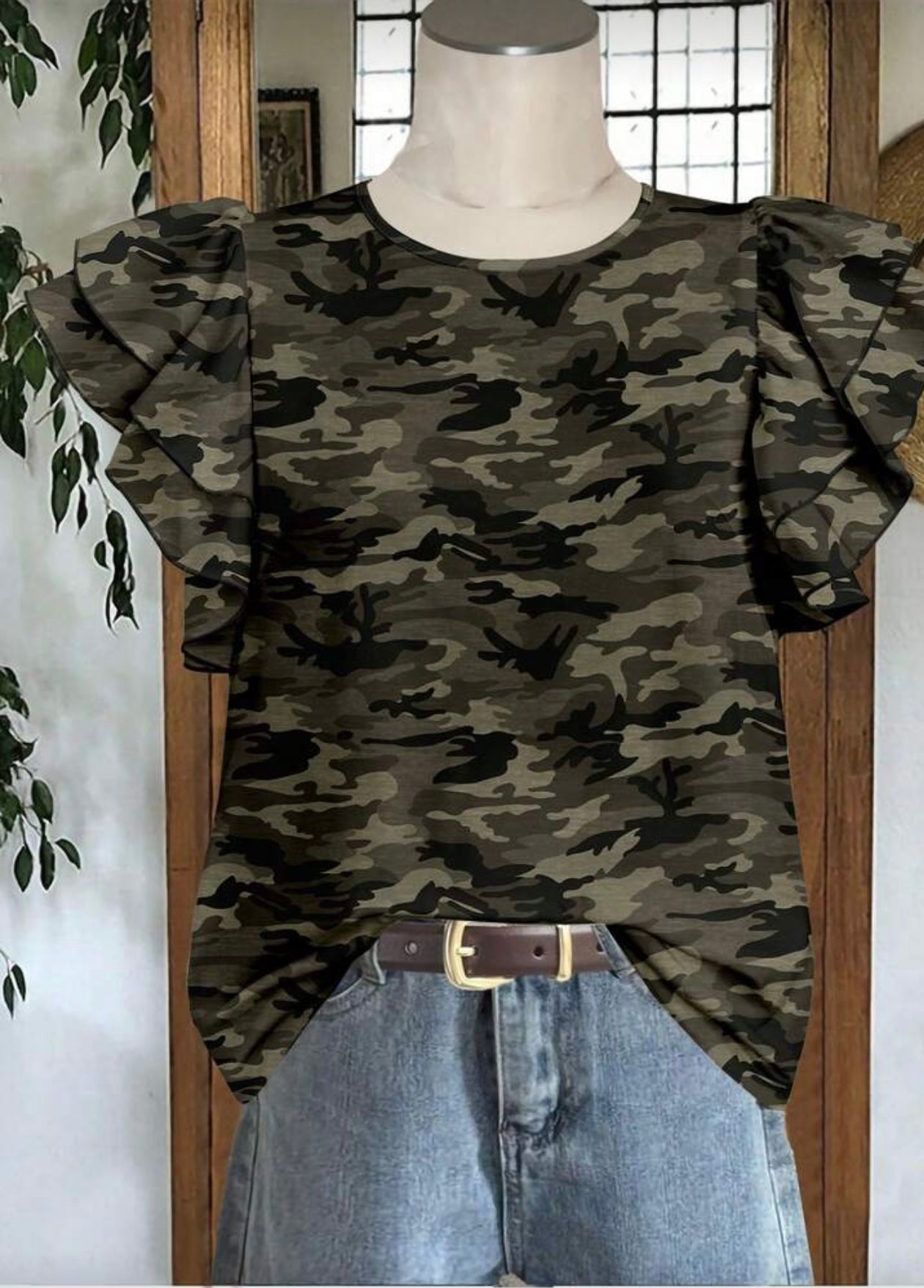 Camouflage Ruffle Sleeve Blouse  Plus Size   ER