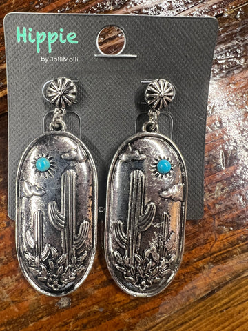 Bluebonnets and Cactus Earrings with Turquoise stone