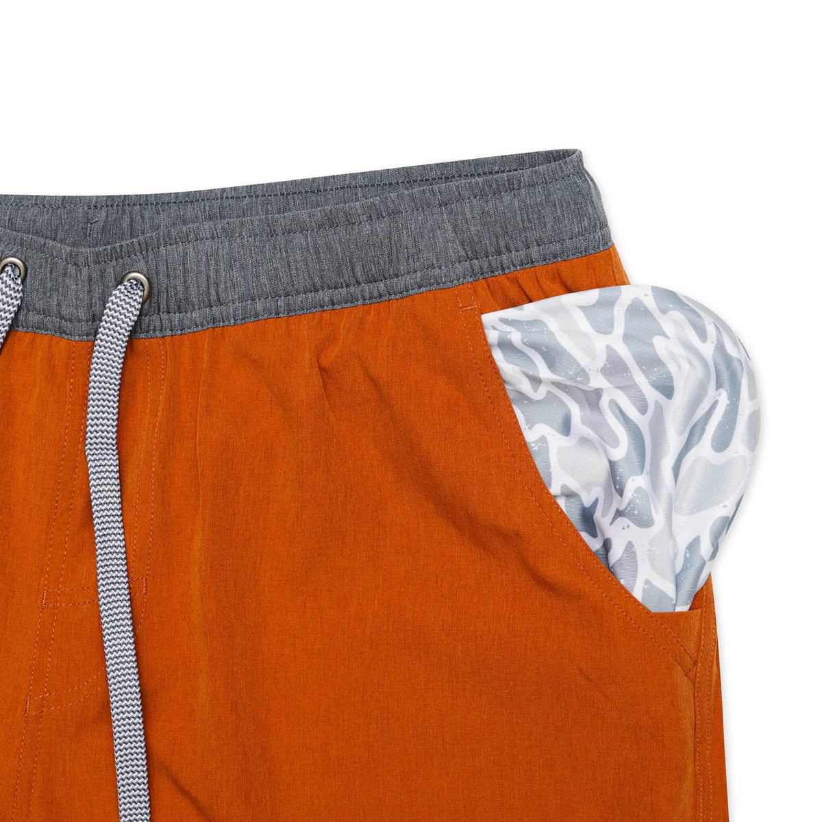 Orange Athletic Shorts 7” Whits Camo Pocket and Liner Burlebo