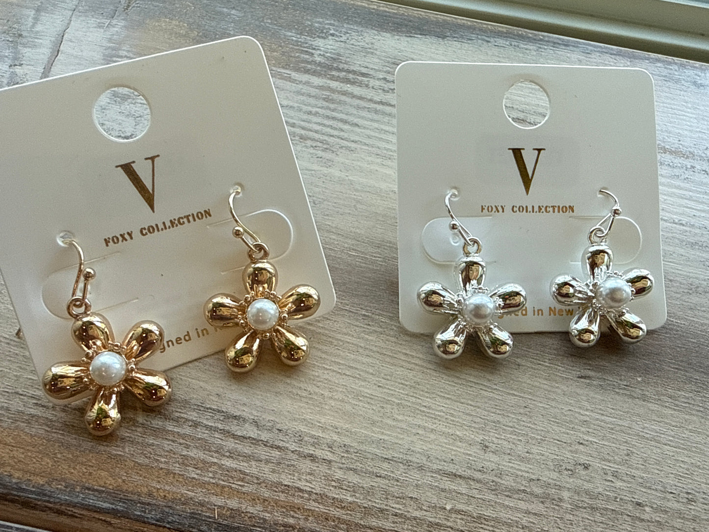 Flower with Pearl Center Gold or Silver Tone v Foxy Earrings