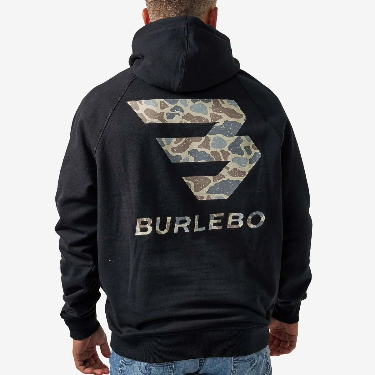 Flying B Fleece Burlebo Hoodie Black with Classic Deer Camo Logo TX FH-FBL-BLK