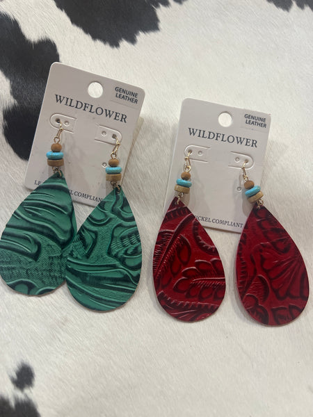 Tooled Leather Beaded Earrings Wildflower