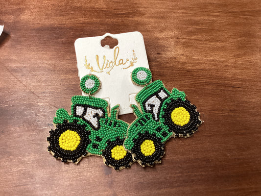 Green seed bead tractor earrings