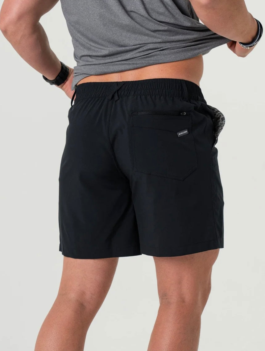 Matte Black Everyday Shorts with Retro Duck Camo Pocket 7” Burlebo