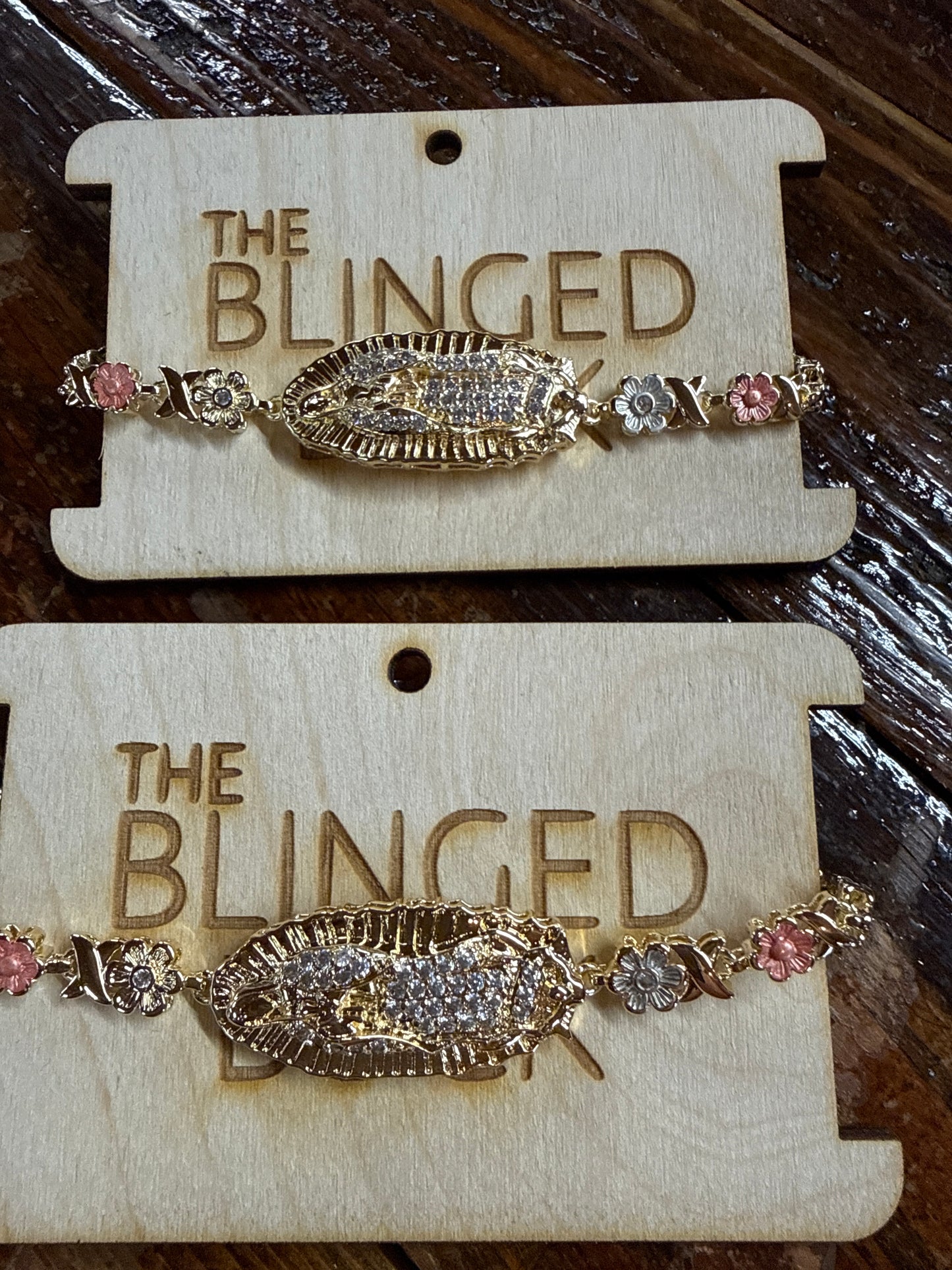 Lady Guadalupe Gold Tone Bracelet with Flowers Adjustable