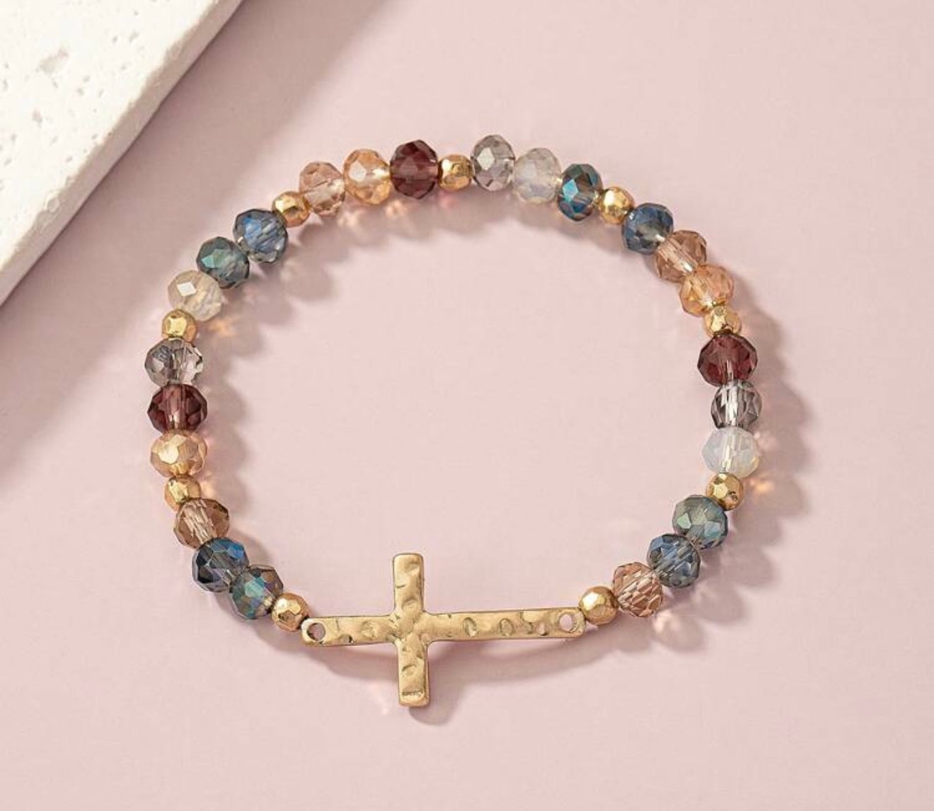 Beaded Gold tone cross bracelet