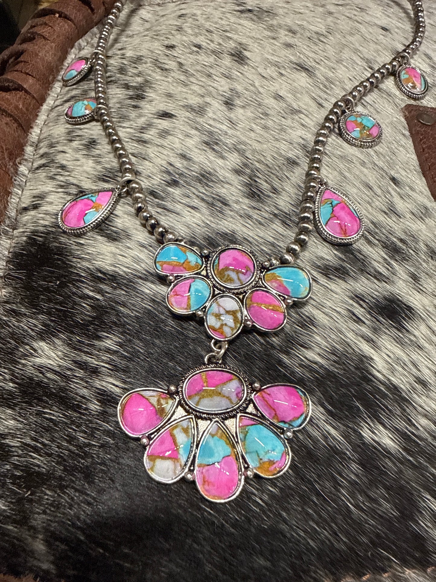 Pink and Turquoise chandelier Style Icon Necklace with Faux Navajo Pearls