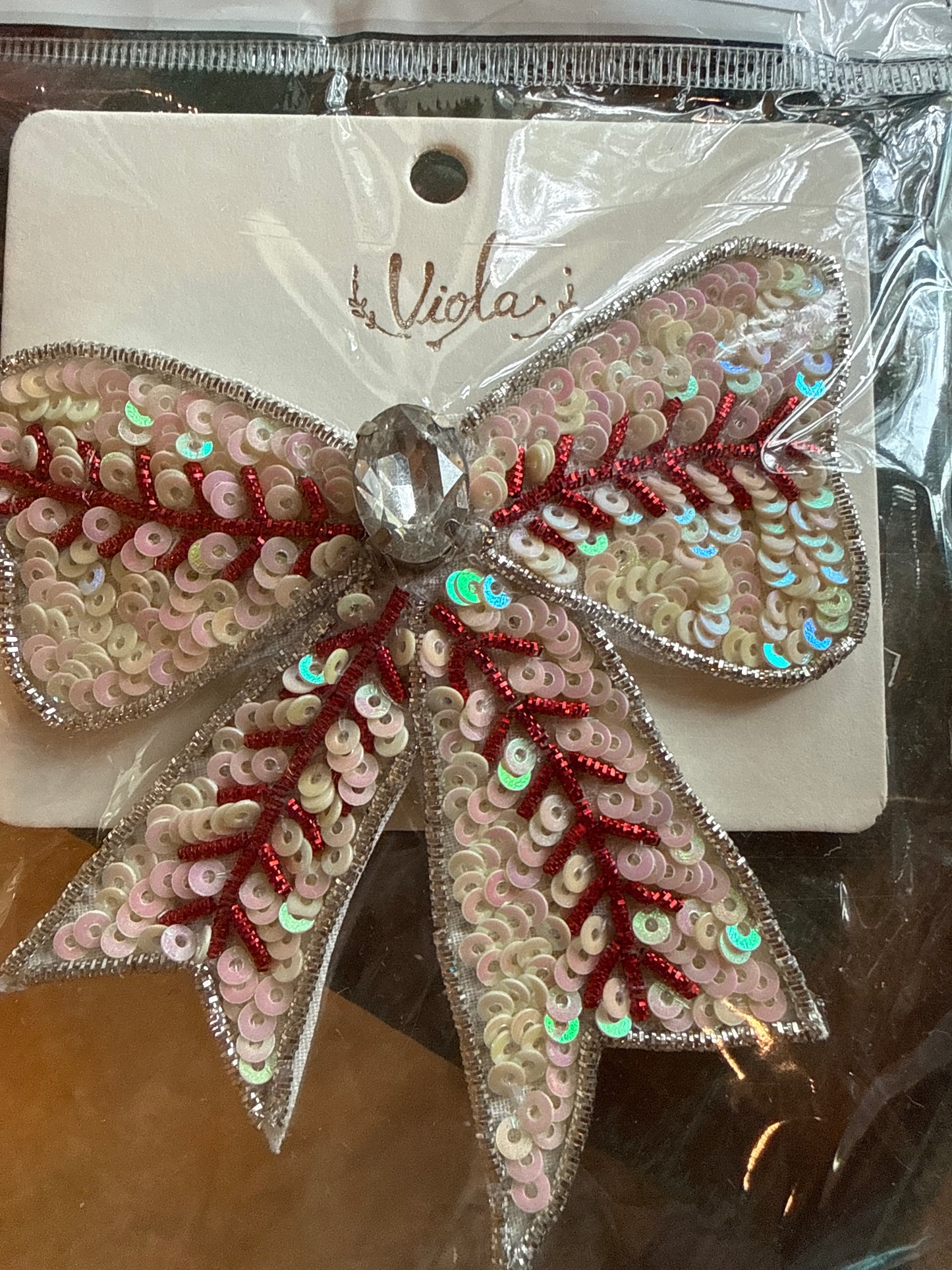 Baseball Sequin Viola Hair Clip with Crystal Center