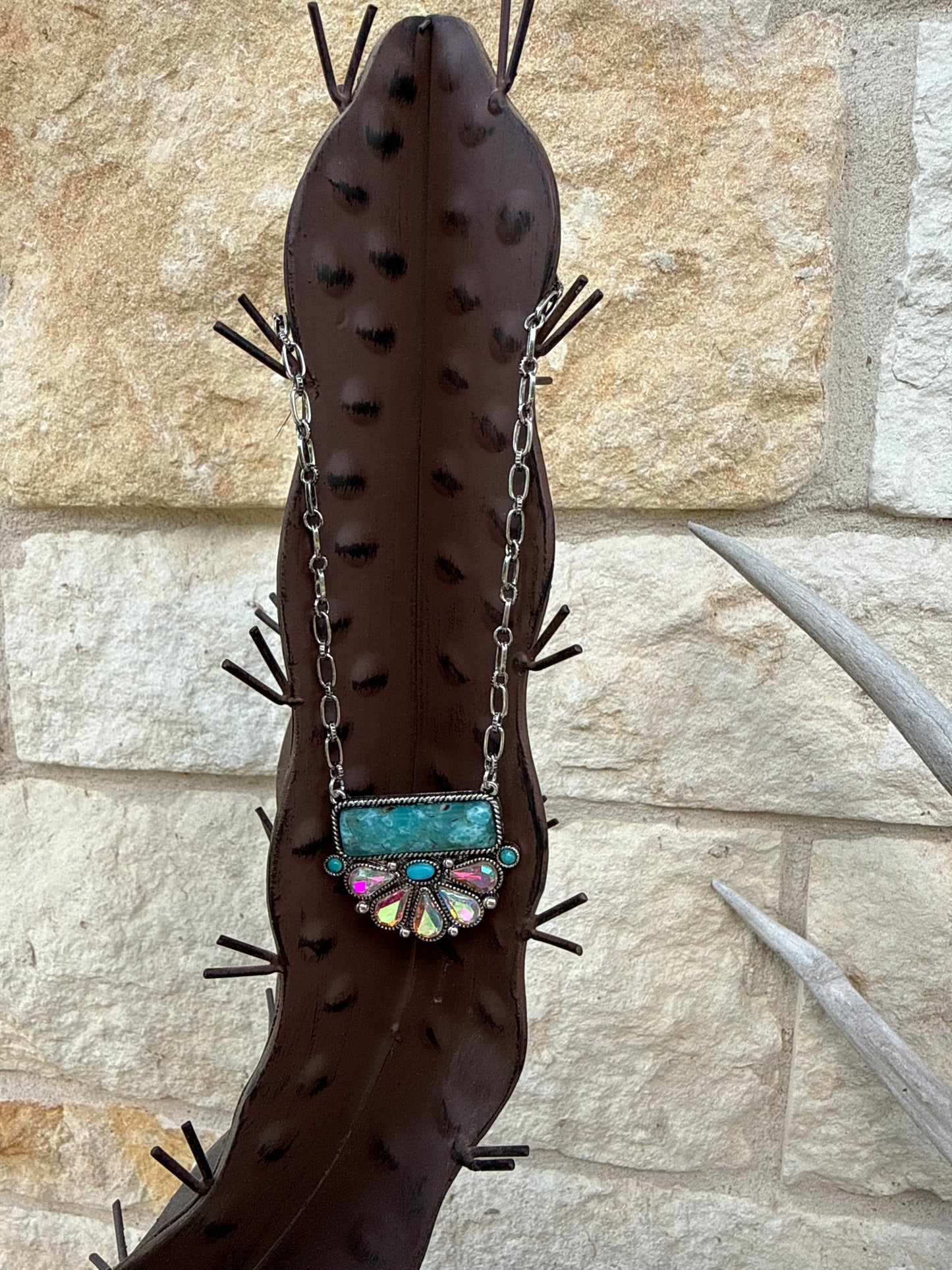 Turquoise Bar with Crystaled Half Flower Icon Necklace