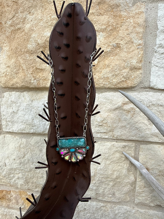 Turquoise Bar with Crystaled Half Flower Icon Necklace