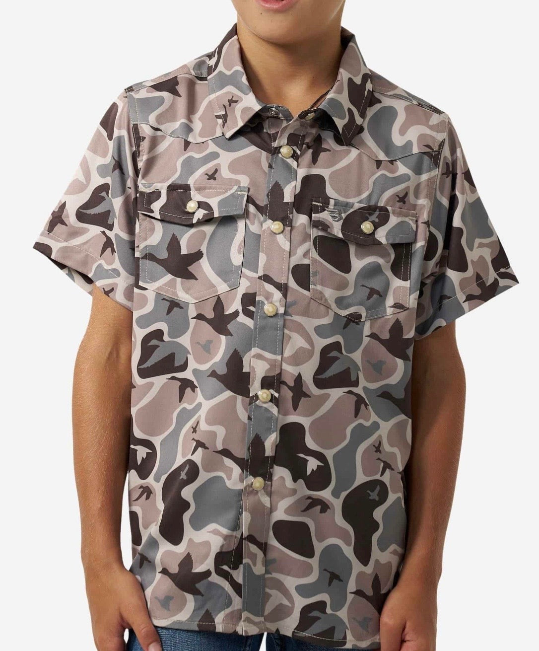 Mallard Mayhem Camo Youth Burlebo Performance Western Shirt With Pearl Snaps Tx/ Fl Y- PES-MMAYC