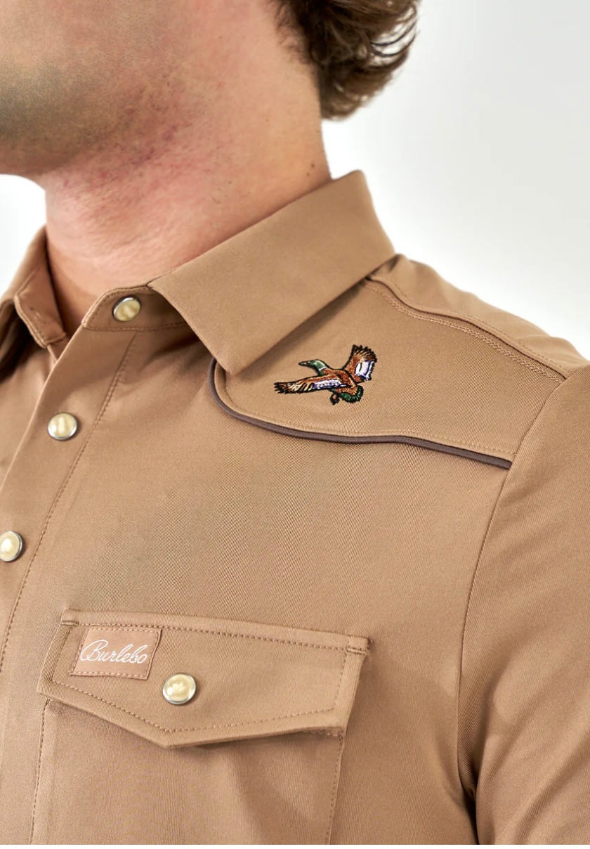 Khaki Pearl Snap Mallards Performance Polo Burlebo