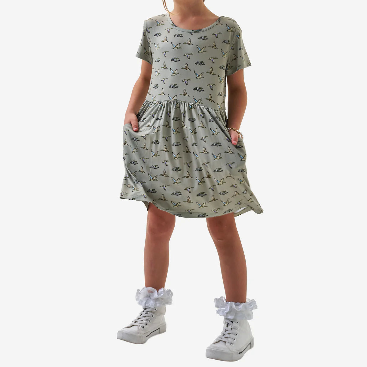 Youth Moxie Dress - Flying Ducks - Green Fl
