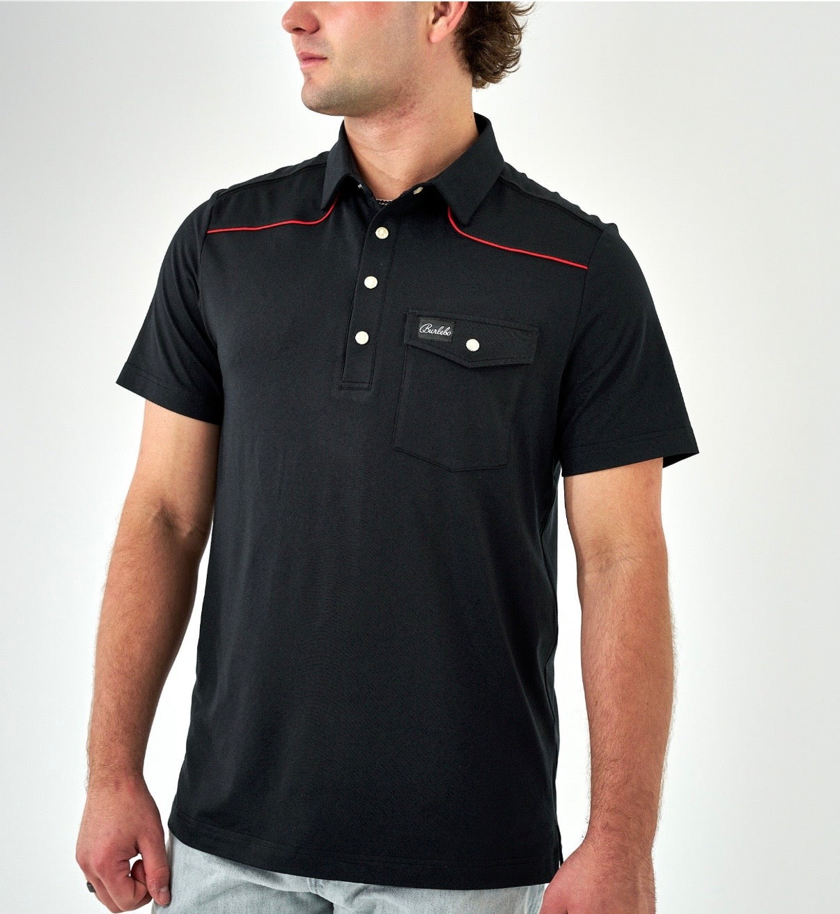 Black And Red Pearl Snap Performance Polo Burlebo Fl