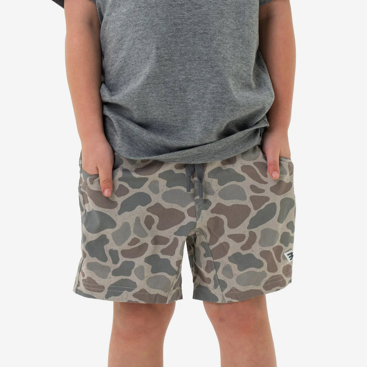 Classic Deer Camo Youth Athletic Shorts with Grey pocket and Waistband