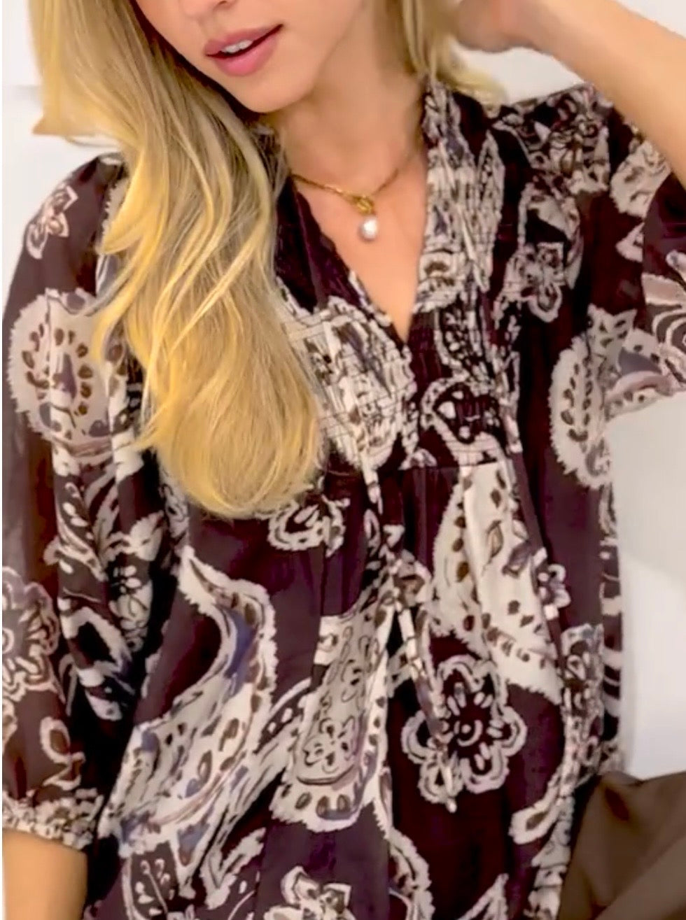 Brown Paisley Print Smocked Neck Flowy Boho Top Umgee