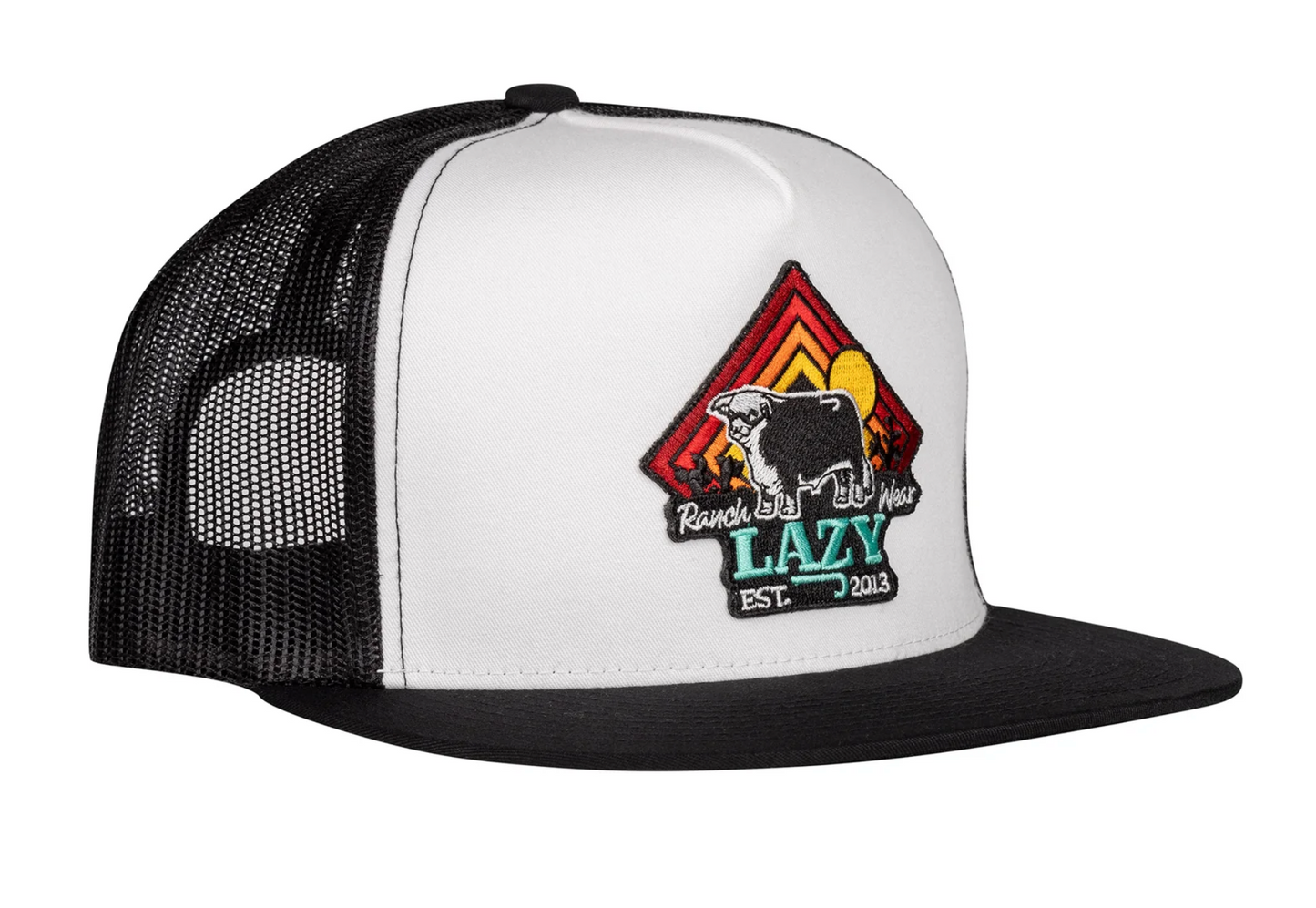 LAZY J RANCH WHITE & BLACK CACTUS SUNRISE CLASSIC FIVE PANEL TRUCKER HAT