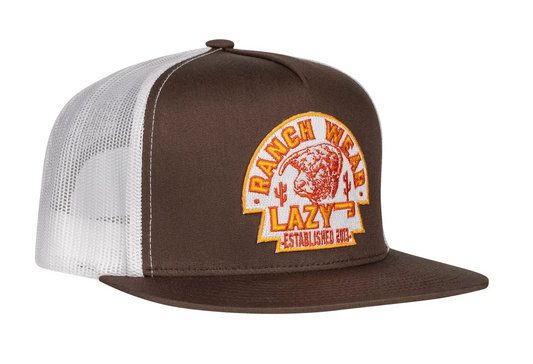 LAZY J RANCH BROWN & WHITE RUSTY ARROWHEAD CLASSIC FIVE PANEL TRUCKER HAT