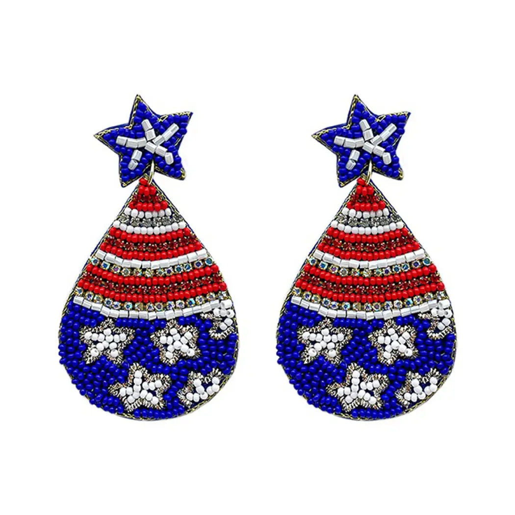 Seed Beaded USA Flag Teardrop Post Earring