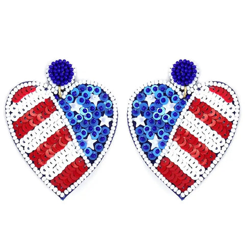 USA Beaded Heart Flag Earring