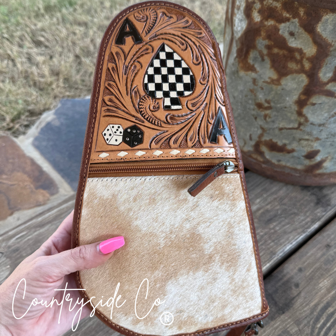 Hand Painted Tooled Leather and Cowhide Carry Case countryside