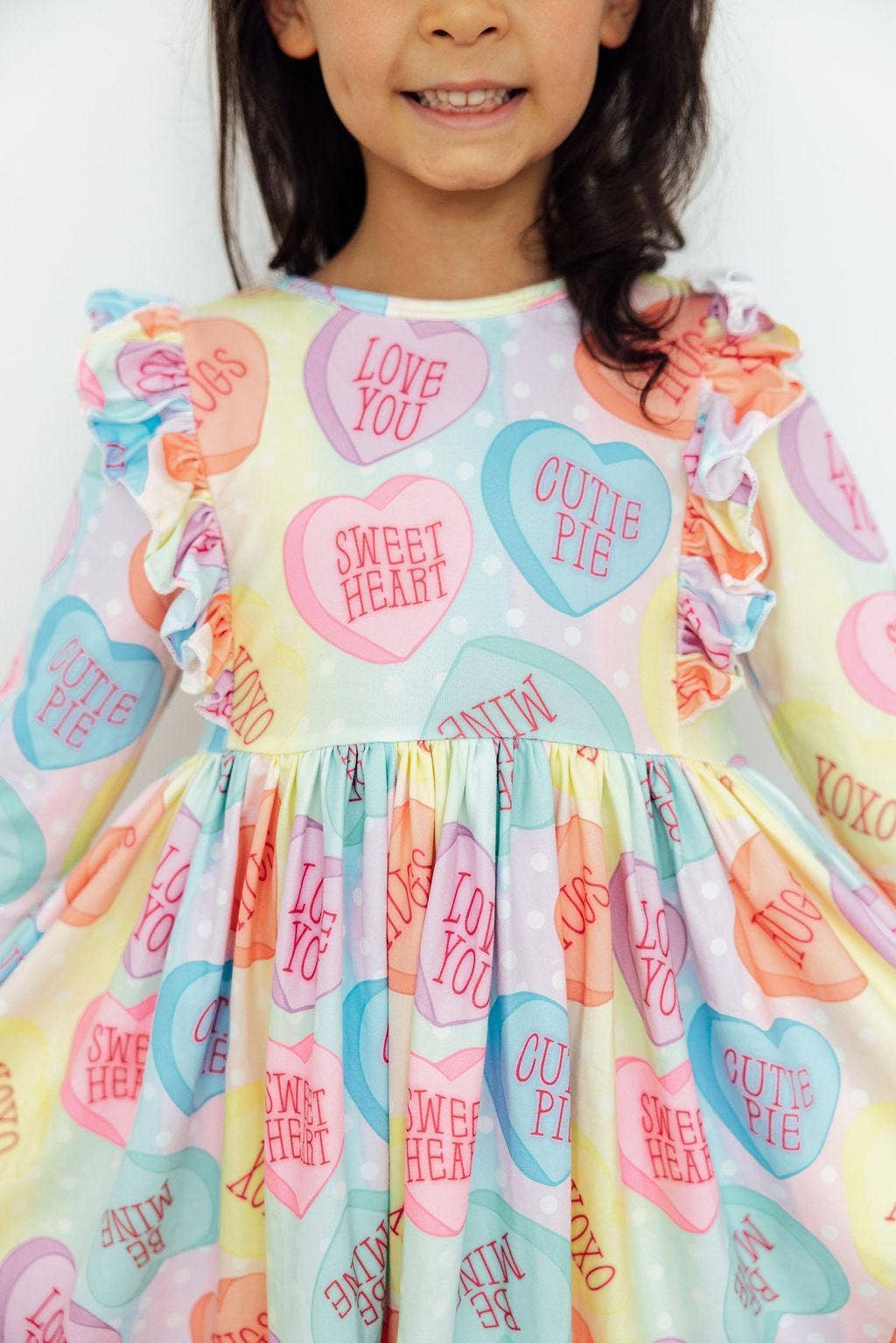 Conversation Hearts 3/4 Sleeve Ruffle Twirl Dress: Mila